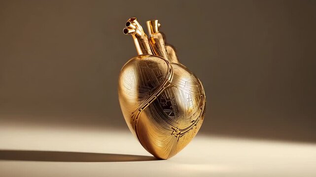 Rotating as light shifts, gold heart sculpture revealing arteries and engraved lines on warm set