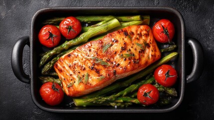 A succulent piece of grilled salmon rests on a platter, surrounded by fresh asparagus and juicy cherry tomatoes. The vibrant colors and flavors create an inviting and nutritious meal