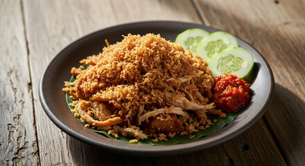 Delicious fried chicken with crispy topping and fresh cucumber slices