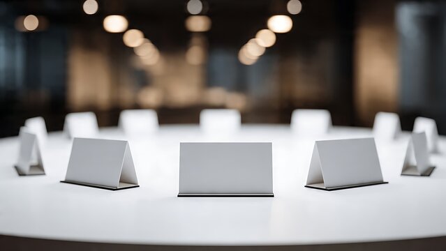 Minimalist roundtable meeting setup with blank name cards and soft bokeh lights. Corporate conference and event planning concept with copy space.