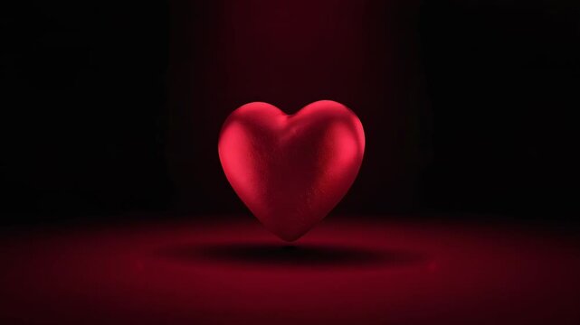 Lighting narrow red beam, red 3D heart rotating clockwise, bobbing over deep-red floor for show