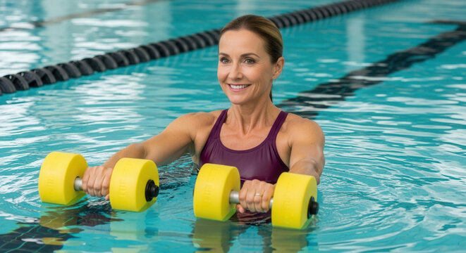 Middle-aged woman exercising with aqua dumbbells in pool, aquatic fitness and strength training