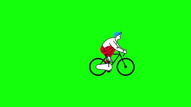 A flat vector illustration of a man riding a bicycle smoothly animates from right to left across a bright green chroma key background. The cyclist pedals continuously with rotating wheels and subtle .