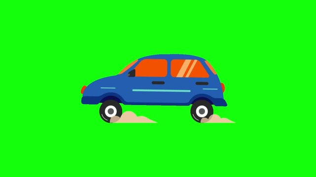 2D flat vector blue car driving left to right, spinning wheels, kicking up dust, green screen background, seamless loop, cartoon style.