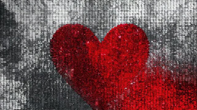 Flipping tiles driving red sequin heart darkening then brightening, shifting shading on studio wall