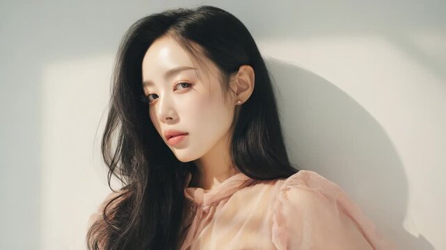 A stunning young East Asian woman with long black hair and elegant makeup, wearing a pink sheer blouse against a neutral background.