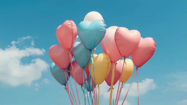 Rising heart-shaped balloon bouquet drifting upward against blue sky, light breeze moving ribbons