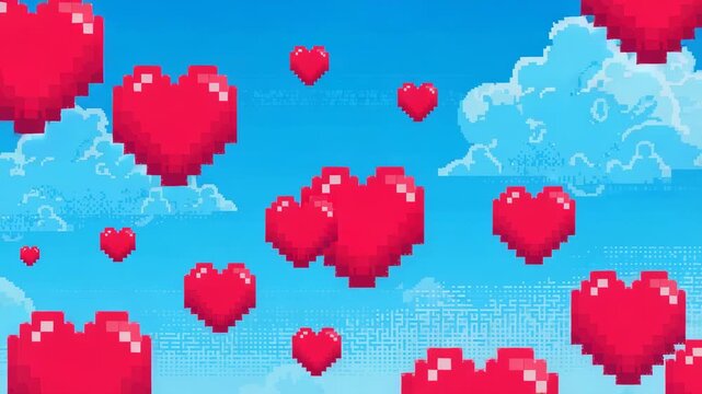 Playback starting red pixel hearts cluster moving inward for center focus in pixel sky, with clouds