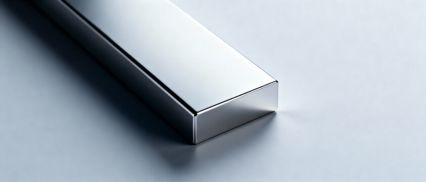 Minimalist image of rectangular aluminum profile with mirror polish on a light background.