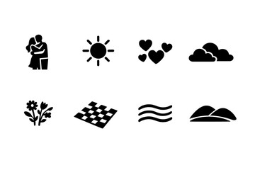 Fototapeta premium Summer love scene. Filled icon set of Summer love scene: couple embrace, radiant sunshine, floating hearts,