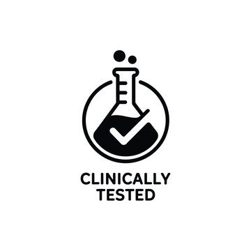 Clinically tested medical laboratory beaker icon with checkmark in circle symbol