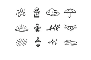 Naklejka premium Magical spring rainfall. Line outline icon set of Magical spring rainfall: glowing raindrops, enchanted
