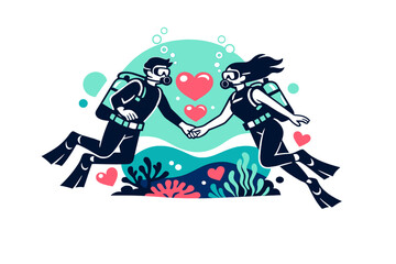 Valentine&rsquo;s Day underwater. A couple of divers holding hands, glowing hearts floating between coral and sea