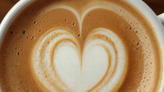 Pulling back camera revealing ceramic cup with heart-shaped latte foam and handle on wood tabletop