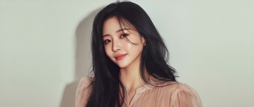 A stunning young East Asian woman with long black hair and elegant makeup, wearing a pink sheer blouse against a neutral background.