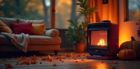 Cozy autumn scene featuring a space heater warming a living room, soft lighting highlighting the warmth and comfort , vintage, interior design
