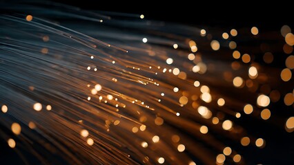 Obraz premium Glowing fiber optic strands with golden bokeh lights. High speed connectivity and data transfer concept for telecom and network technology.