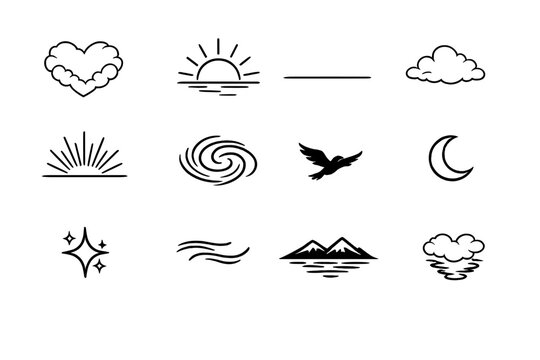 Surreal heart-shaped clouds at sunset. Line outline icon set of Surreal heart-shaped clouds at sunset: heart