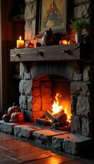 Cozy fireplace decorated with glowing embers, flickering flames, and rustic wooden mantelpiece, creating a warm and inviting ambiance , home, pattern