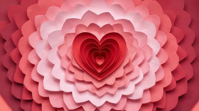 Zooming camera revealing nested layered paper heart artwork in studio showing depth and texture