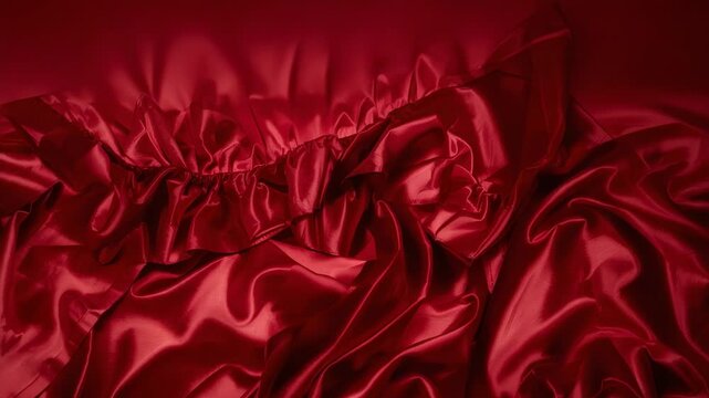 Moving shot revealing red satin fabric shifting folds and highlights in studio showing ruching band