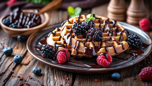 Close-up of two waffles, drizzled with chocolate, adorned with berries