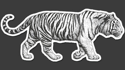Obraz premium Detailed black and white illustration of a walking tiger with intricate stripes, strong profile, and powerful wild animal aesthetic.