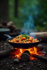Delicious campfire-cooked meal sizzling over glowing embers, surrounded by rustic camping gear Perfect for outdoor cooking, camping, and adventure themes , gear, rustic