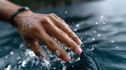 Fototapeta premium A captivating close-up of a hand creating ripples in the water, depicting gracefulness and connection with nature, embodying the principles of exploration and mindfulness.