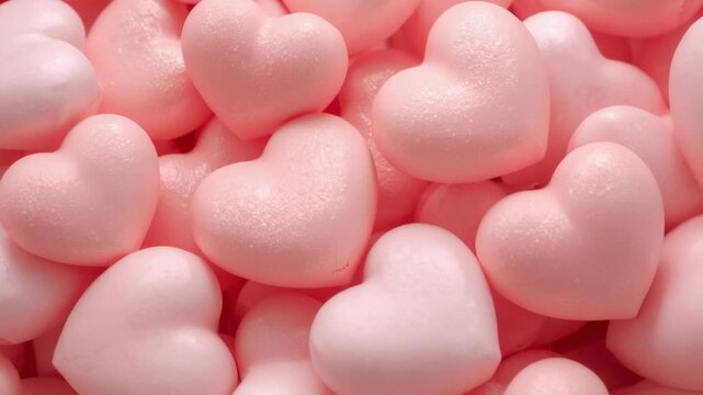 Shifting camera revealing pastel-pink heart candies on tabletop macro to center different hearts