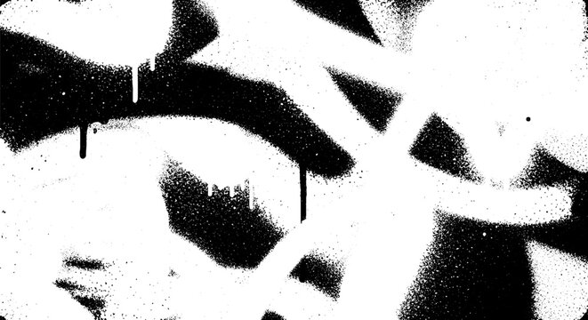 Abstract black and white spray paint texture with drips and splatters.