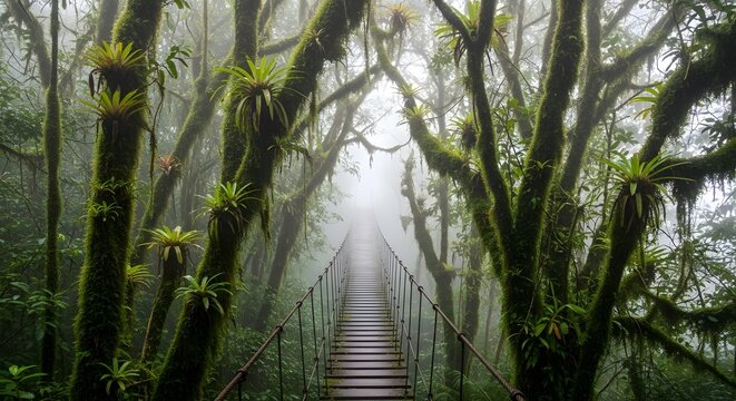 Suspension Bridge in Foggy Monteverde Cloud Forest Costa Rica