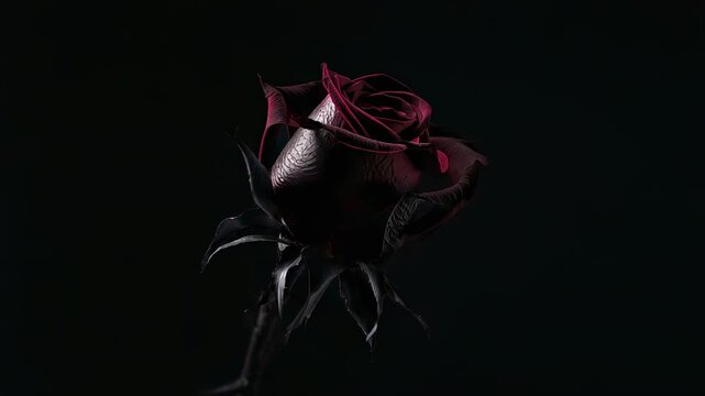 Rotating single dark burgundy rose bud after playback starting under spotlight, revealing calyx