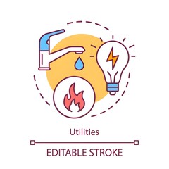 Fototapeta premium Household utilities concept icon. Public services, water, electricity supply idea thin line illustration. Natural gas, apartment heating system. Vector isolated outline drawing. Editable stroke