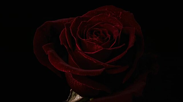 Moving studio light accentuating petals on dark red rose in black backdrop, revealing sepal texture