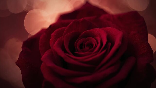 Showing red rose bloom macro with micro focus and light adjusting revealing layered petals, bokeh