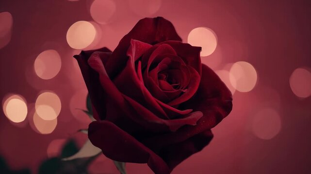 Shimmering deep red rose responding to focus and bokeh shifts in studio, with droplets and stem