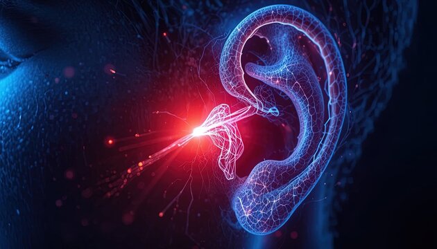 Close-up of human ear with glowing blue nerves and red light