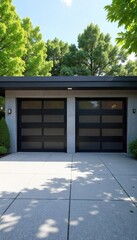 Modern double car garage doors open to reveal a clean, neatly paved driveway Perfect for real estate, home improvement, or architectural websites , style, suburban, paving