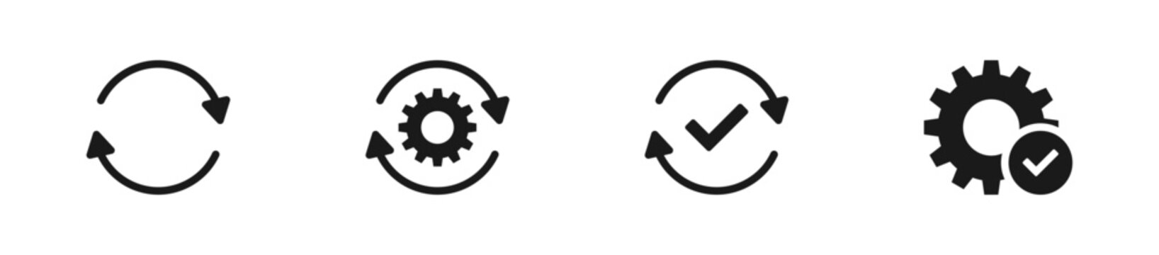 refresh, settings, update, and gear check icons set - sync with settings, sync complete, and a settings gear with a checkmark for successful configuration in outline style, ideal for system control