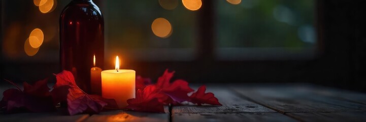 Romantic ambiance created by a wine bottle candle, casting a warm glow on a dark background Perfect for autumn, winter, or any cozy evening , hygge, table, sophisticated
