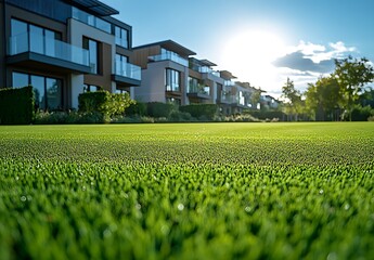 Modern Townhouses with Lush Green Lawn and Sunny Sky jfff
