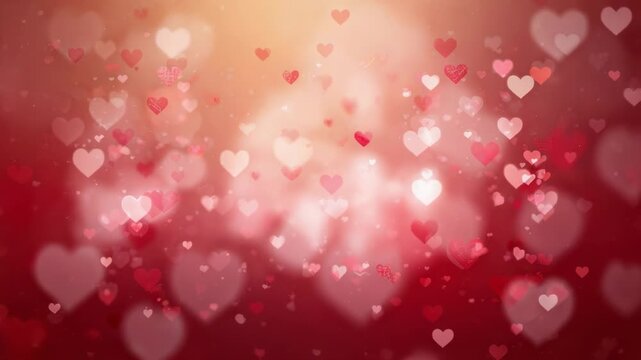 Starting sparse scattering heart field drifting to camera over warm gradient forming romantic glow