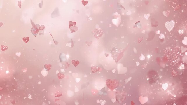 Loop starting drifting heart confetti, glitter and bokeh rotating on pink backdrop for romance