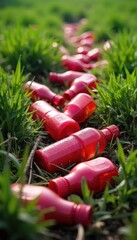 Scattered red litter, plastic bottles and wrappers, strewn across a grassy field, environmental pollution concept A stark image highlighting the impact of waste disposal , outdoor, ground