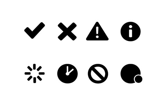 Black Status Icons. Status Indicators. Filled icon set of Status Indicators: success checkmark, error cross,