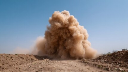 A massive cloud of dust erupts at a remote construction site in an arid rugged landscape