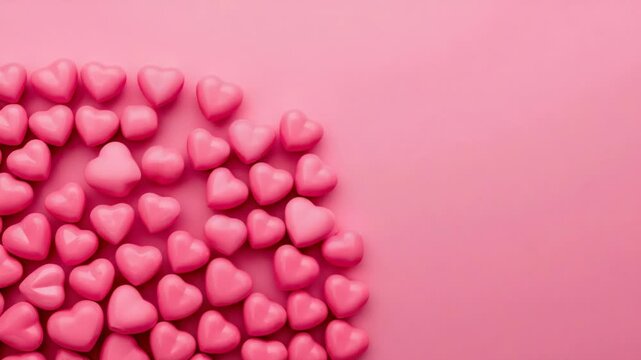 Camera zooming, cluster of glossy pink heart candies moving inward to focus on pink matte backdrop