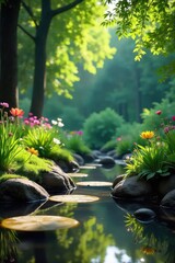 Serene scene of a tranquil garden, perfect for promoting relaxation and mindfulness practices in a meditation business Ideal for websites, social media, and marketing materials , harmony, wellbeing