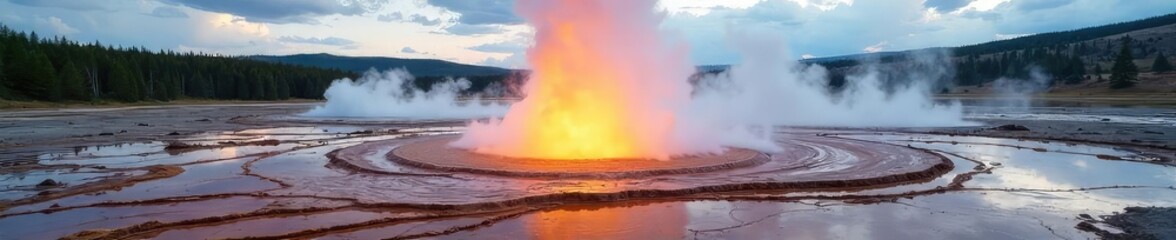 Spectacular geyser erupting, hot water and steam rising high into the air, surrounded by vibrant geothermal landscape , power, sun